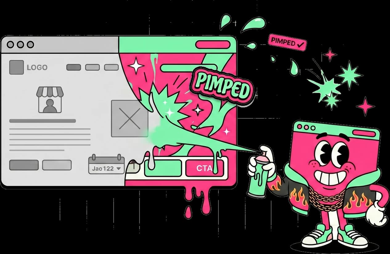 La mascotte Pimp My Site repeint un site terne au spray : à gauche l'avant fade et gris, à droite l'après pimpé rose et menthe